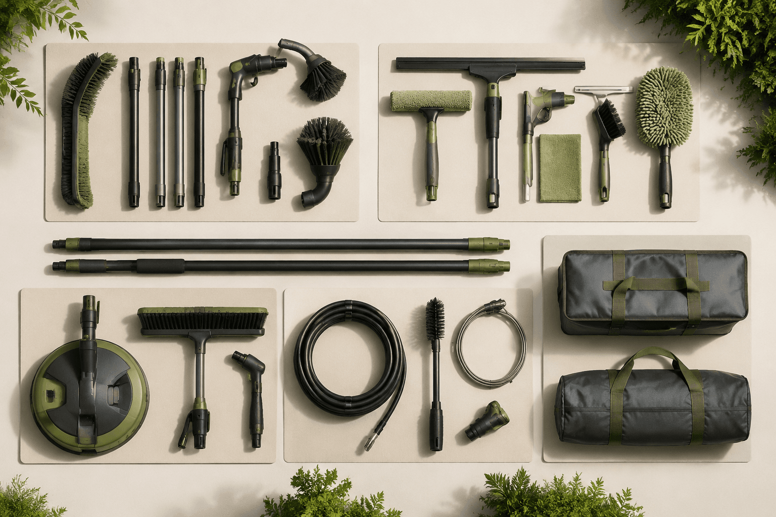 Exterior cleaning tools organised into gutter, window, driveway, drain and storage zones
