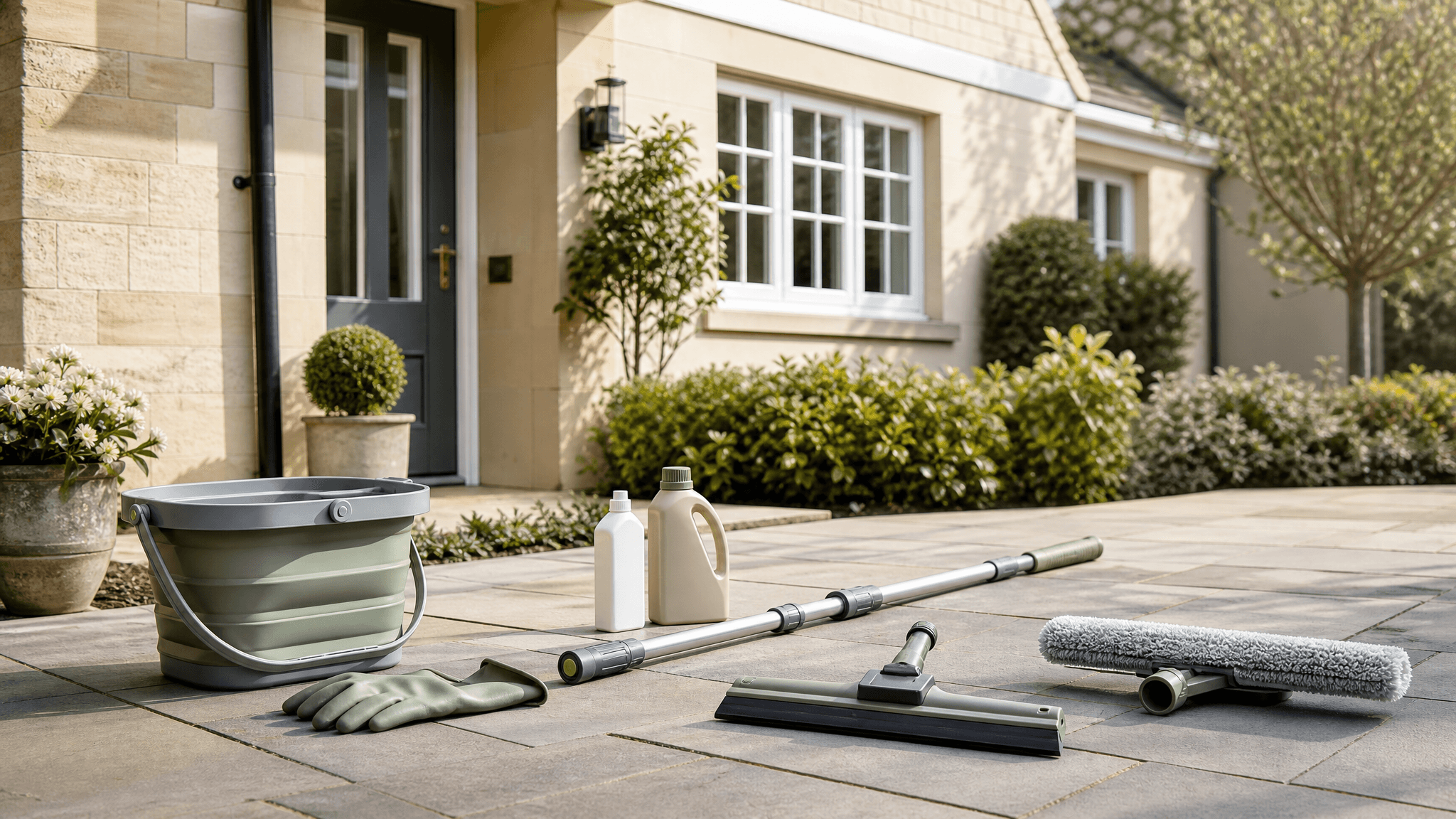 Exterior upkeep tools — telescopic pole, window washer, squeegee, folding bucket and gloves laid on a clean patio in front of a bright home