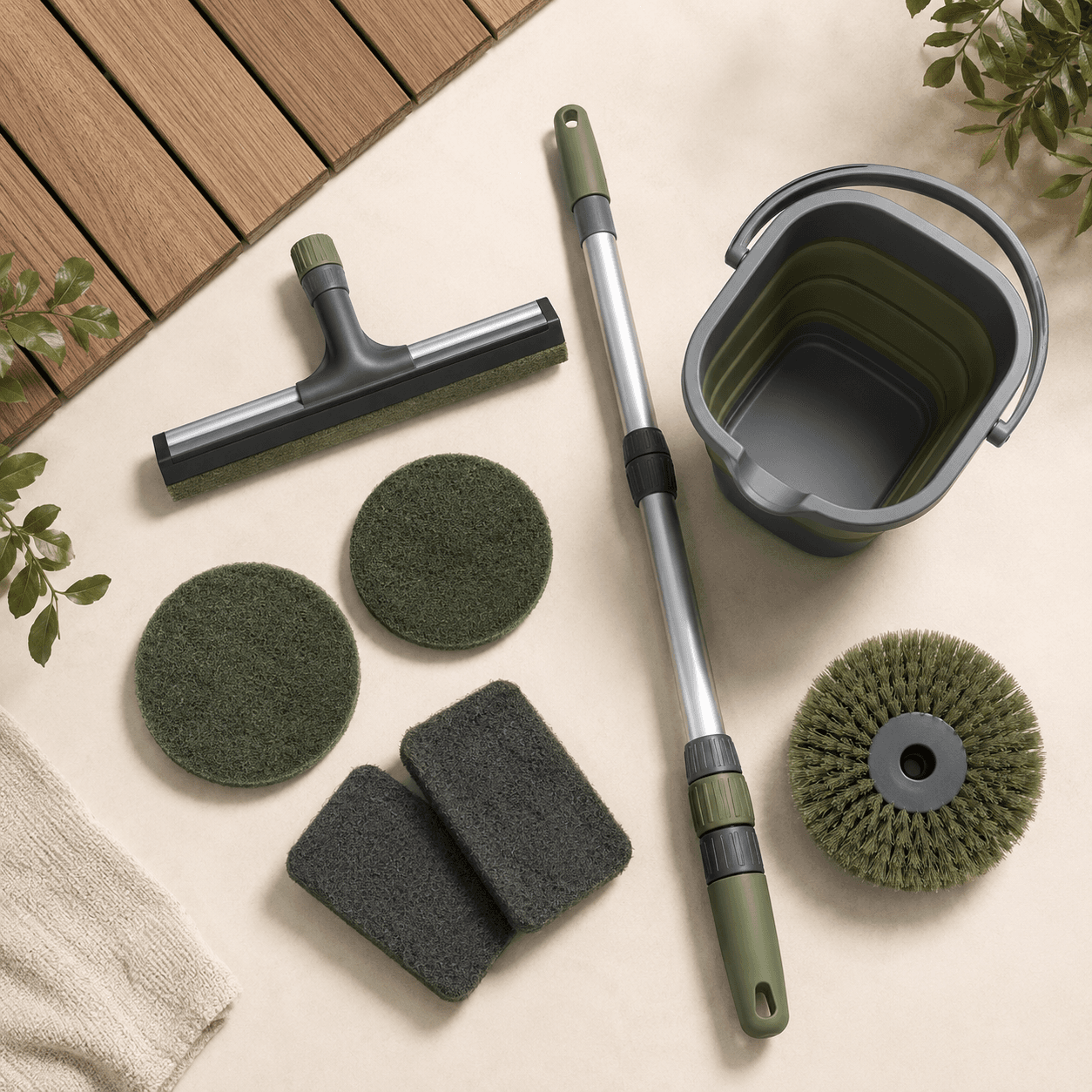 Decking & Patio Care Kit — Refresh timber decking and patios with a floor squeegee, scrub pads and a folding bucket.