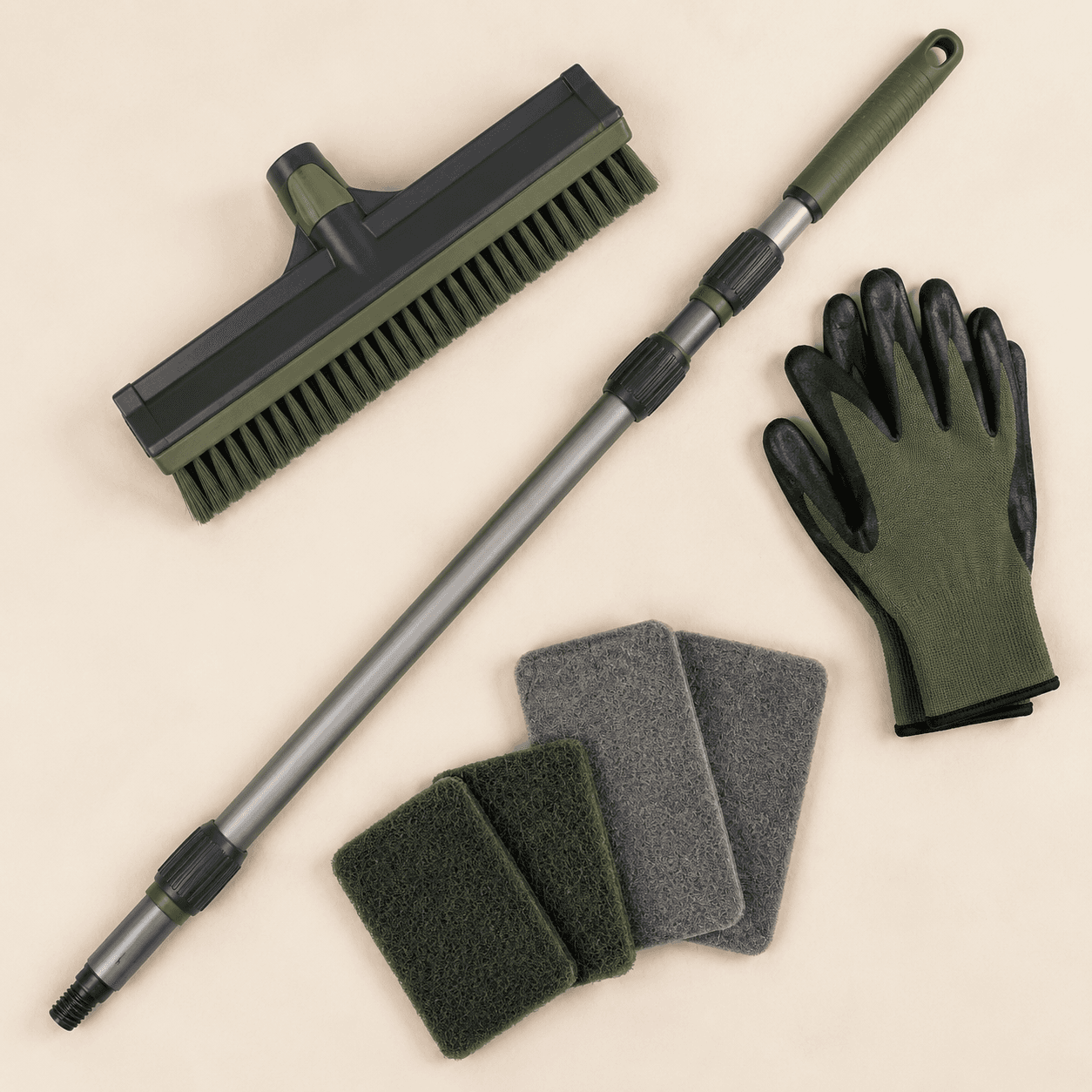Driveway & Path Reset Kit — Lift grime from block paving and paths with a stiff-bristle floor squeegee and scrub pads.