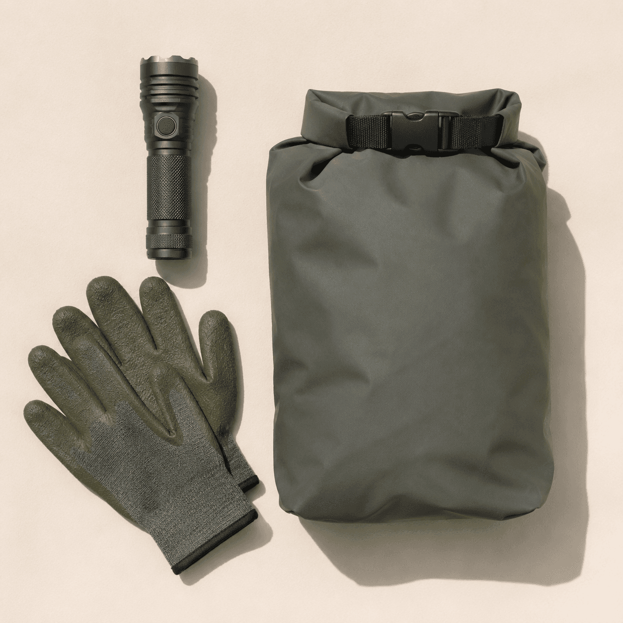 Exterior Night-Task Kit — A bright handheld light and dry storage for early-evening exterior jobs.