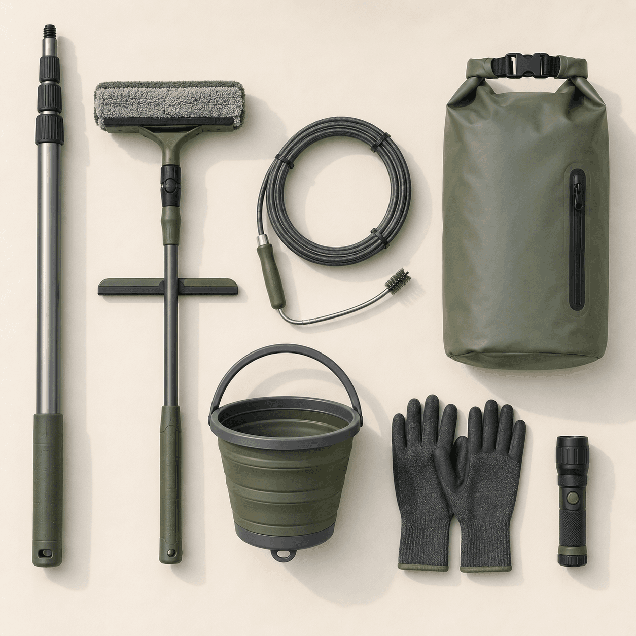 Seasonal All-Weather Bundle — The all-season exterior kit: reach tools, drainage, light and weatherproof storage.