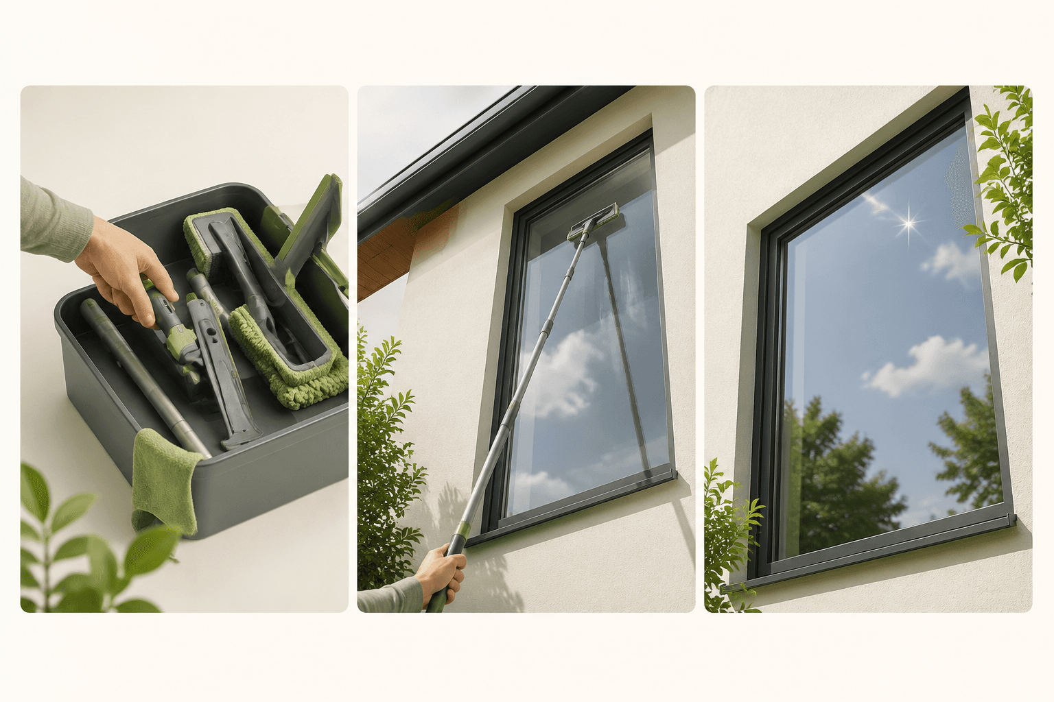 Pick a kit, reach with a telescopic pole, clean the exterior — a three-step exterior upkeep workflow