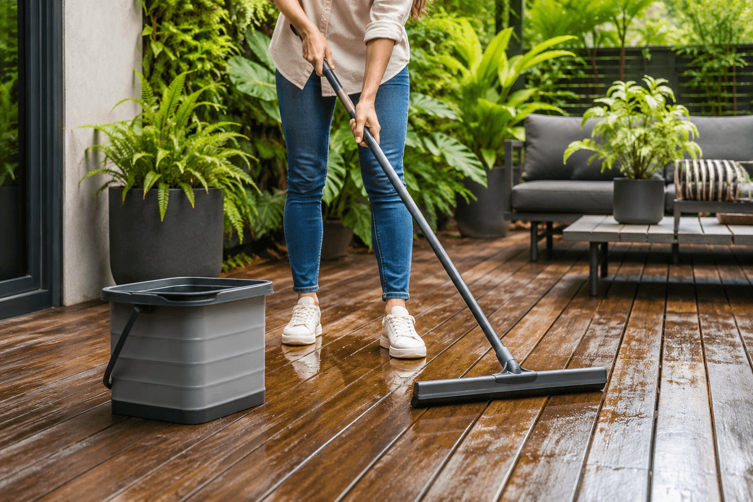A garden deck being refreshed from the ground with a floor squeegee and folding bucket